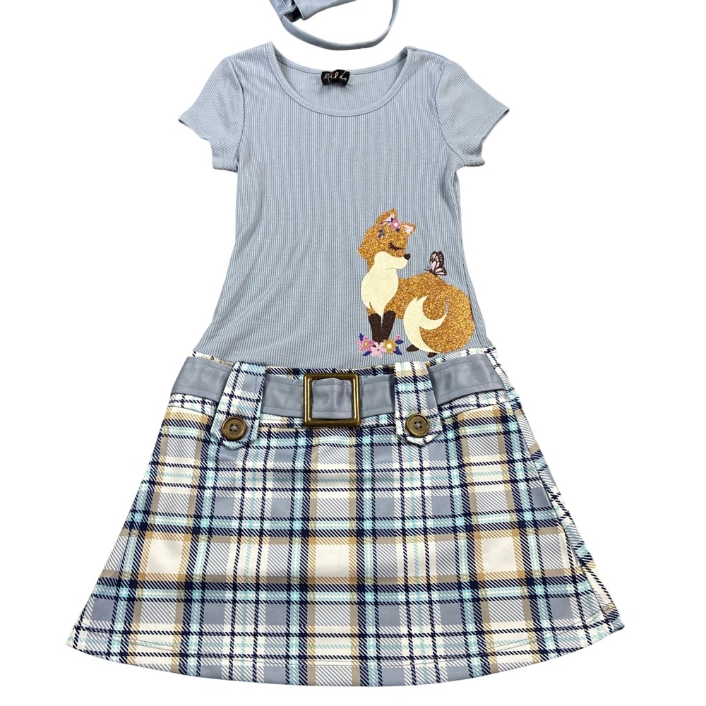 NWOT Lilt Girls Blue Ribbed Fox Glitter Plaid Dress with Matching Purse Size 6X